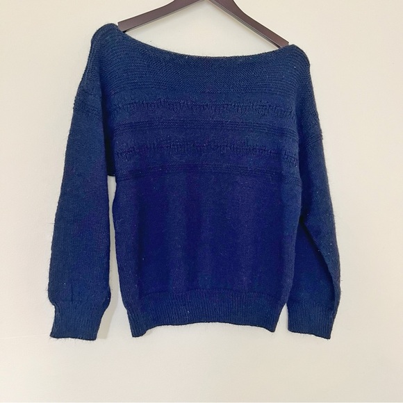 Hand Knit Wool Blend Navy Blue Sweater - Picture 1 of 4
